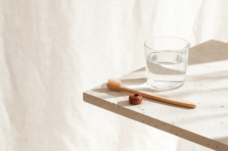 Mundpflege-Anordnung mit Zahnbürste, Zahnseide und einem Glas Wasser